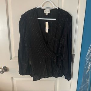 Black and gold wrap blouse